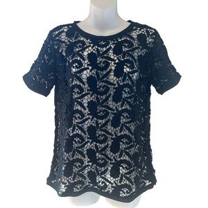 Loft short sleeve round neck black lace top size XS